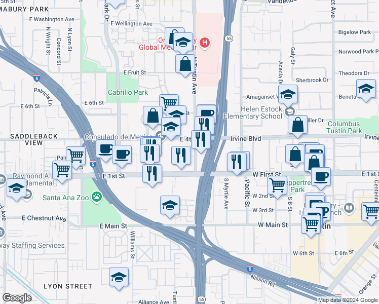 map of restaurants, bars, coffee shops, grocery stores, and more near 300 North Tustin Avenue in Santa Ana