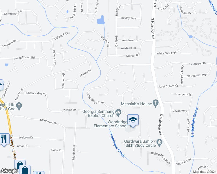 map of restaurants, bars, coffee shops, grocery stores, and more near 1438 Walnut Ridge Way in Stone Mountain