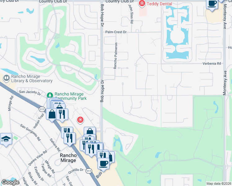 map of restaurants, bars, coffee shops, grocery stores, and more near 72116 Clancy Lane in Rancho Mirage
