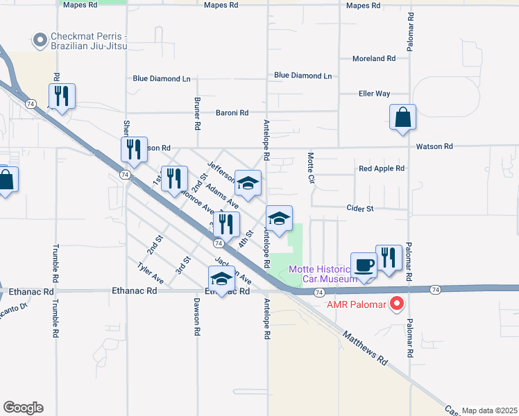map of restaurants, bars, coffee shops, grocery stores, and more near 27987 Jefferson Avenue in Romoland
