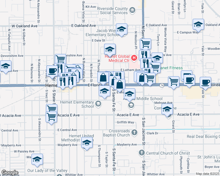 map of restaurants, bars, coffee shops, grocery stores, and more near 811 East Florida Avenue in Hemet