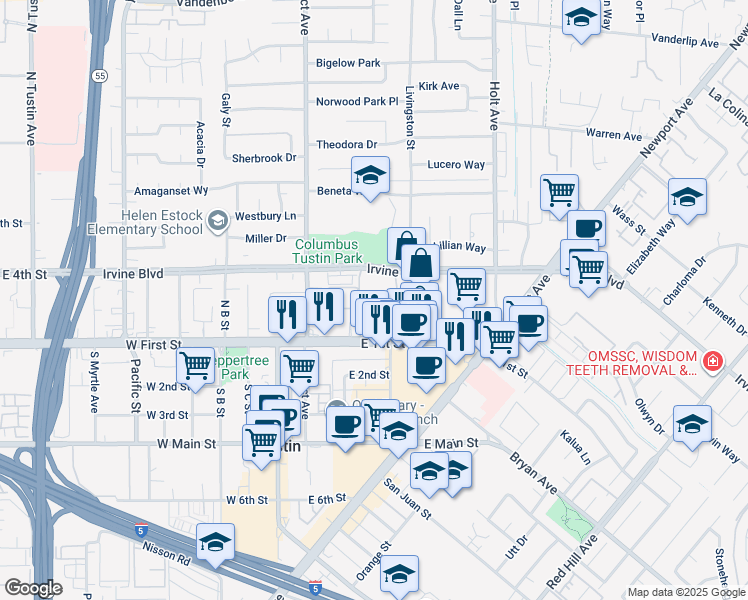 map of restaurants, bars, coffee shops, grocery stores, and more near 453 East 1st Street in Tustin