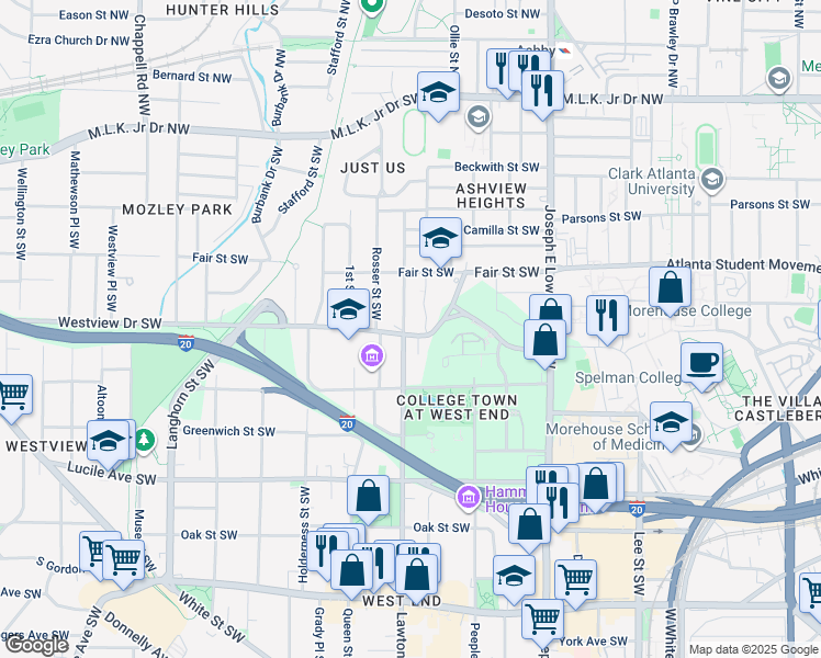 map of restaurants, bars, coffee shops, grocery stores, and more near 1077 Westview Drive Southwest in Atlanta