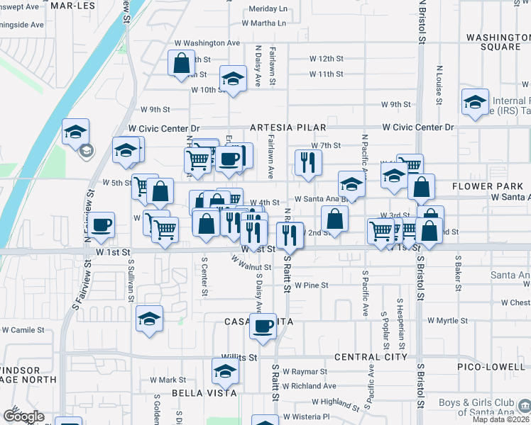 map of restaurants, bars, coffee shops, grocery stores, and more near 1831 West 3rd Street in Santa Ana