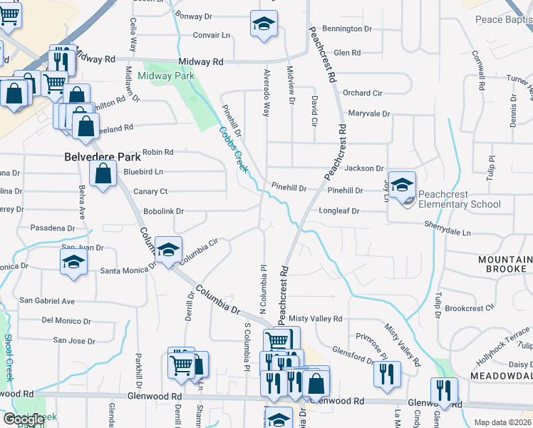 map of restaurants, bars, coffee shops, grocery stores, and more near 1580 North Columbia Place in Decatur