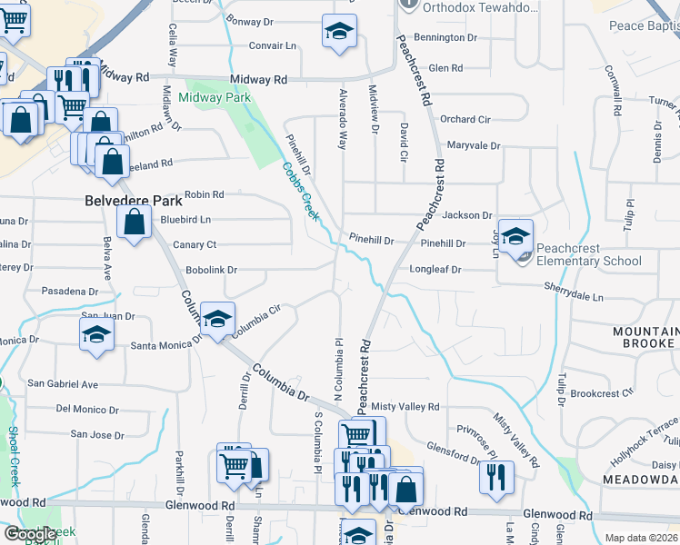 map of restaurants, bars, coffee shops, grocery stores, and more near 3291 Bobolink Drive in Decatur