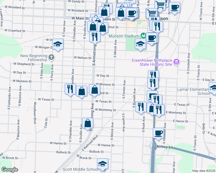 map of restaurants, bars, coffee shops, grocery stores, and more near 618 West Munson Street in Denison