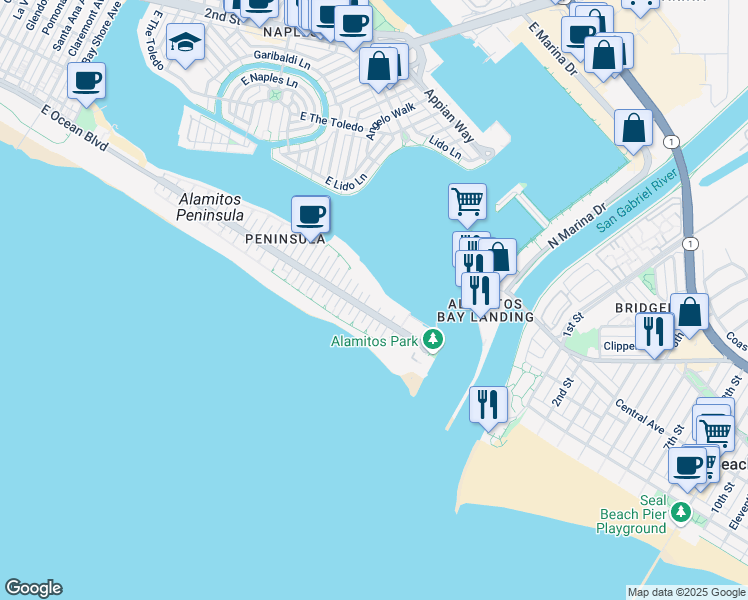 map of restaurants, bars, coffee shops, grocery stores, and more near 50 68th Place in Long Beach