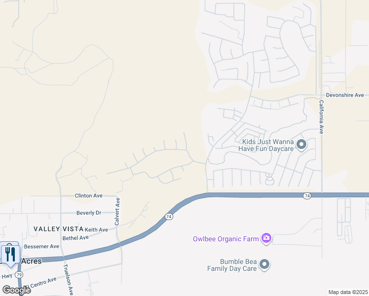 map of restaurants, bars, coffee shops, grocery stores, and more near 180 Furyk Way in Hemet