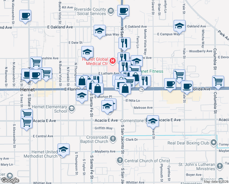 map of restaurants, bars, coffee shops, grocery stores, and more near 1133 East Florida Avenue in Hemet