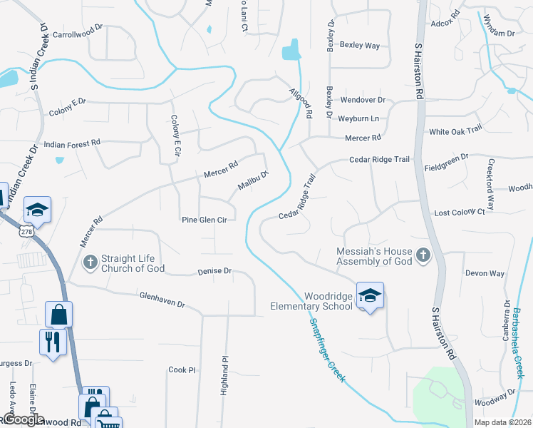 map of restaurants, bars, coffee shops, grocery stores, and more near 4422 Cedar Ridge Trail in Stone Mountain