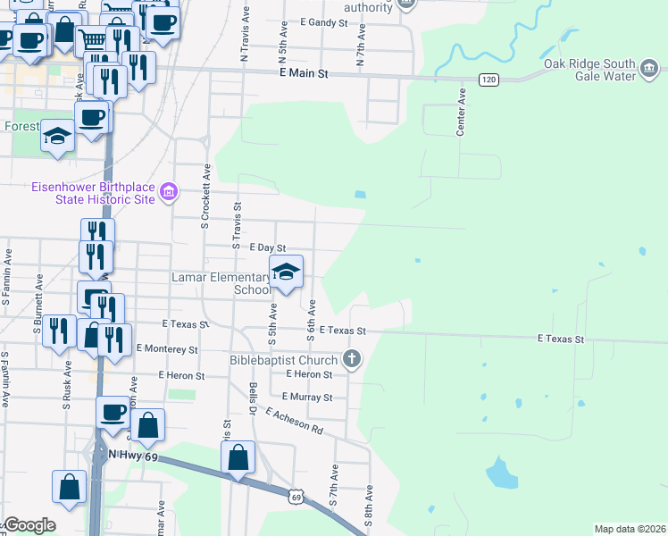 map of restaurants, bars, coffee shops, grocery stores, and more near 623 Munson Street in Denison