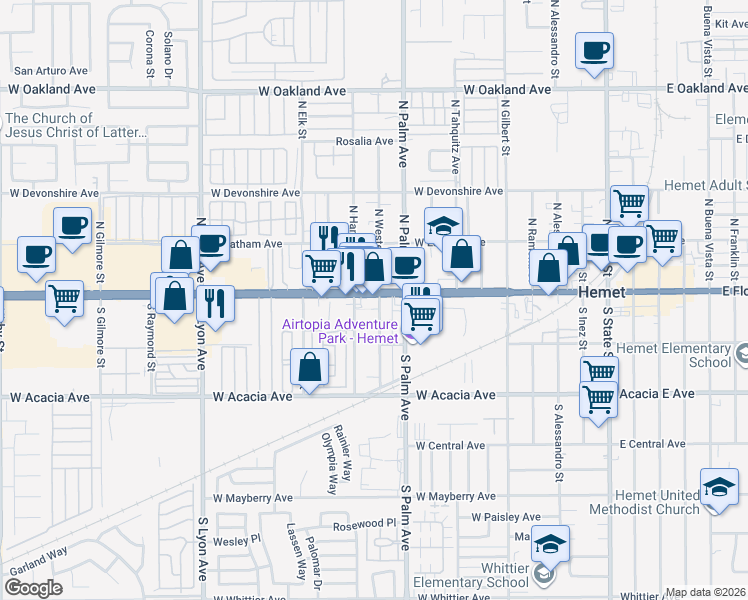 map of restaurants, bars, coffee shops, grocery stores, and more near 1005 West Florida Avenue in Hemet