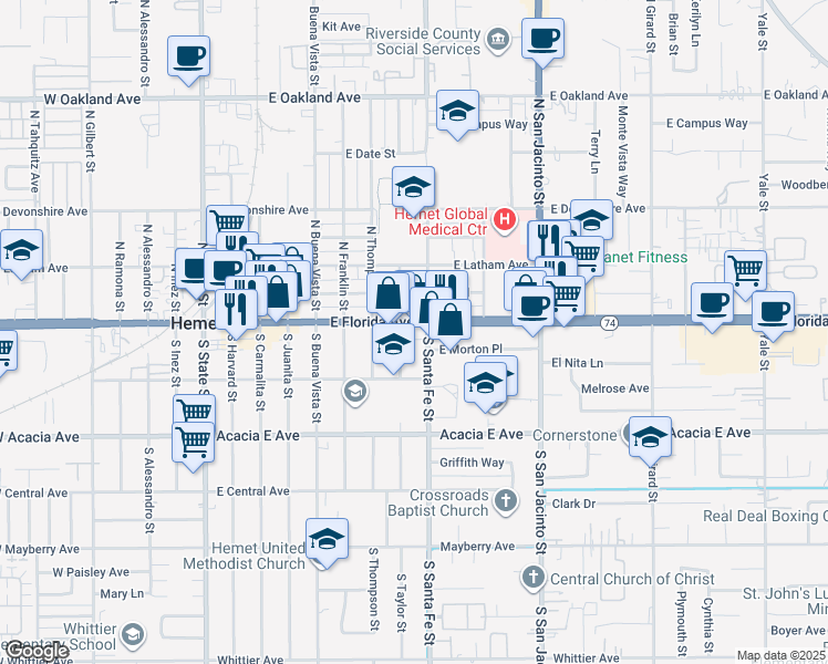map of restaurants, bars, coffee shops, grocery stores, and more near 115 South Taylor Street in Hemet