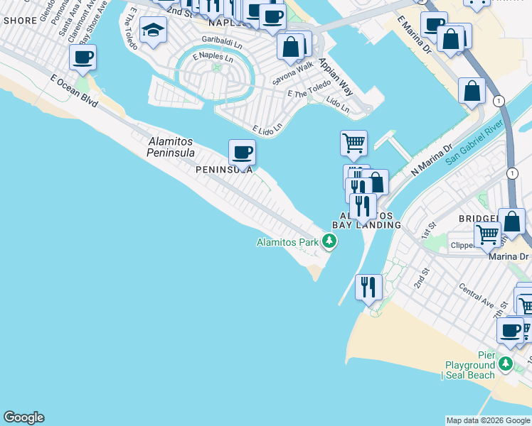 map of restaurants, bars, coffee shops, grocery stores, and more near 26 66th Place in Long Beach