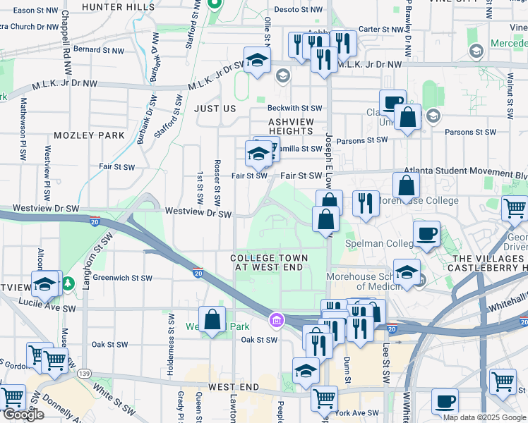 map of restaurants, bars, coffee shops, grocery stores, and more near 1032 Westview Drive Southwest in Atlanta