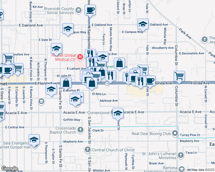 map of restaurants, bars, coffee shops, grocery stores, and more near 1531 East Florida Avenue in Hemet