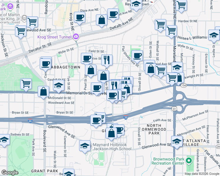 map of restaurants, bars, coffee shops, grocery stores, and more near 890 Memorial Drive Southeast in Atlanta