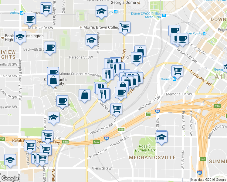 map of restaurants, bars, coffee shops, grocery stores, and more near 23 Larkin Place Southwest in Atlanta