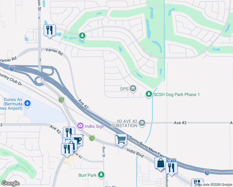 map of restaurants, bars, coffee shops, grocery stores, and more near 80605 Avenida Camarillo in Indio