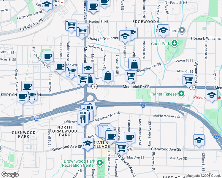 map of restaurants, bars, coffee shops, grocery stores, and more near 1307 Memorial Drive Southeast in Atlanta