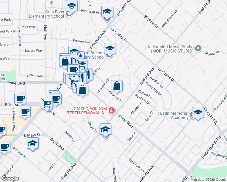 map of restaurants, bars, coffee shops, grocery stores, and more near 12872 Woodlawn Avenue in Tustin