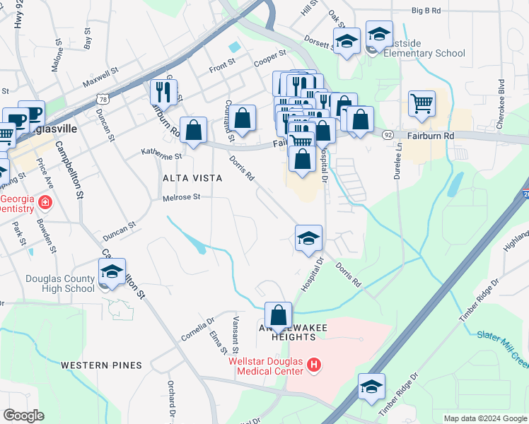 map of restaurants, bars, coffee shops, grocery stores, and more near 8541 Westchester Drive in Douglasville