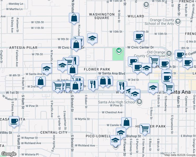 map of restaurants, bars, coffee shops, grocery stores, and more near 1077 West 3rd Street in Santa Ana
