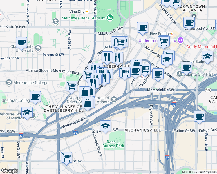 map of restaurants, bars, coffee shops, grocery stores, and more near 250 Castleberry Station Drive Southwest in Atlanta