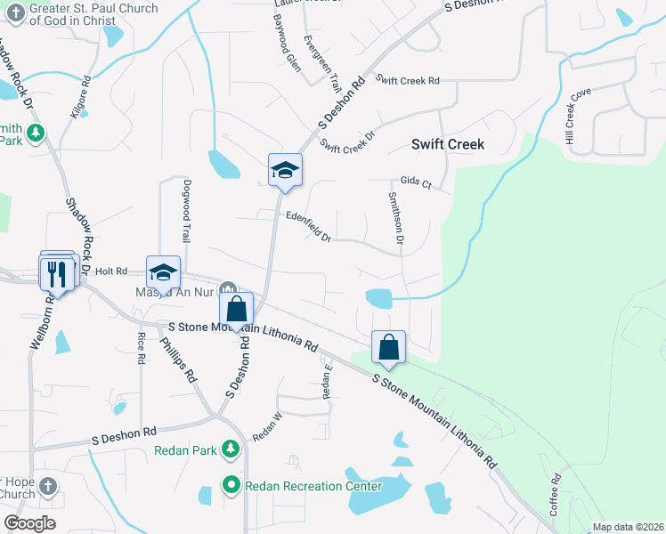 map of restaurants, bars, coffee shops, grocery stores, and more near 6358 Deshong Drive in Lithonia