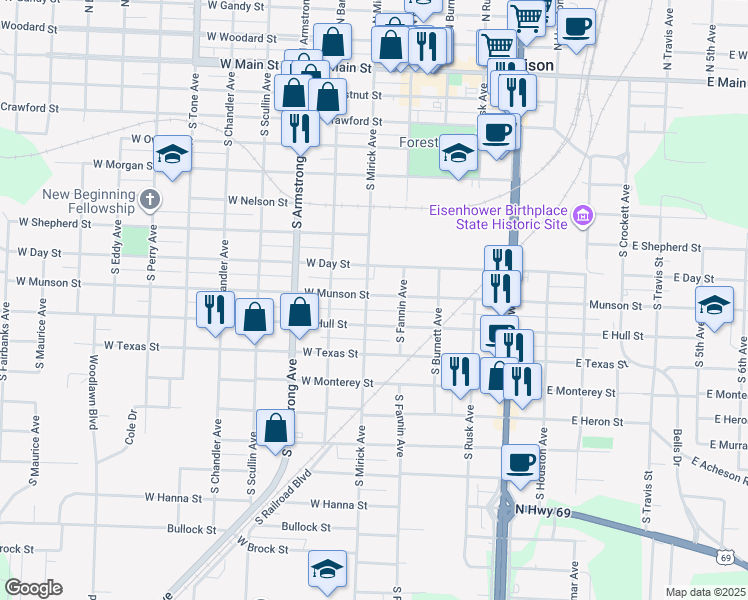 map of restaurants, bars, coffee shops, grocery stores, and more near 526 West Munson Street in Denison