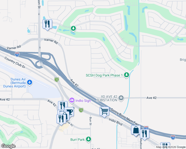 map of restaurants, bars, coffee shops, grocery stores, and more near 80519 Avenida Camarillo in Indio