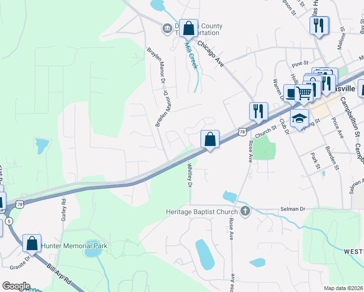 map of restaurants, bars, coffee shops, grocery stores, and more near 7125 West Strickland Street in Douglasville