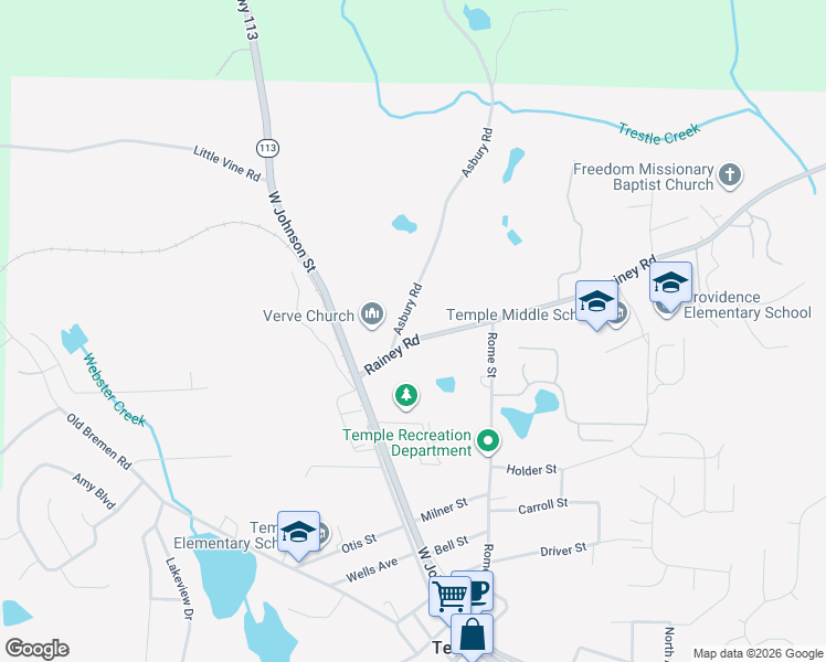 map of restaurants, bars, coffee shops, grocery stores, and more near Asbury Road in Temple