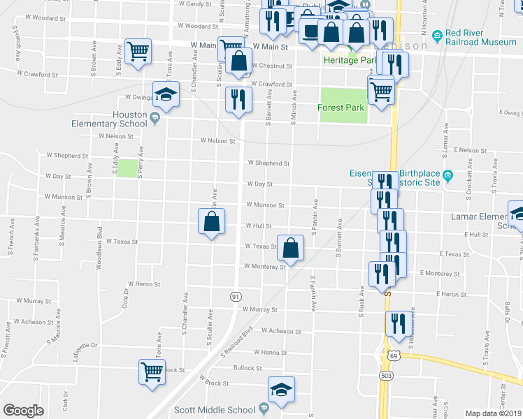 map of restaurants, bars, coffee shops, grocery stores, and more near 700 West Munson Street in Denison