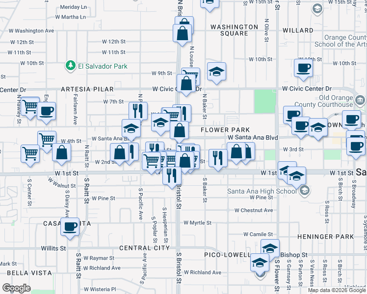 map of restaurants, bars, coffee shops, grocery stores, and more near 1246 West 3rd Street in Santa Ana