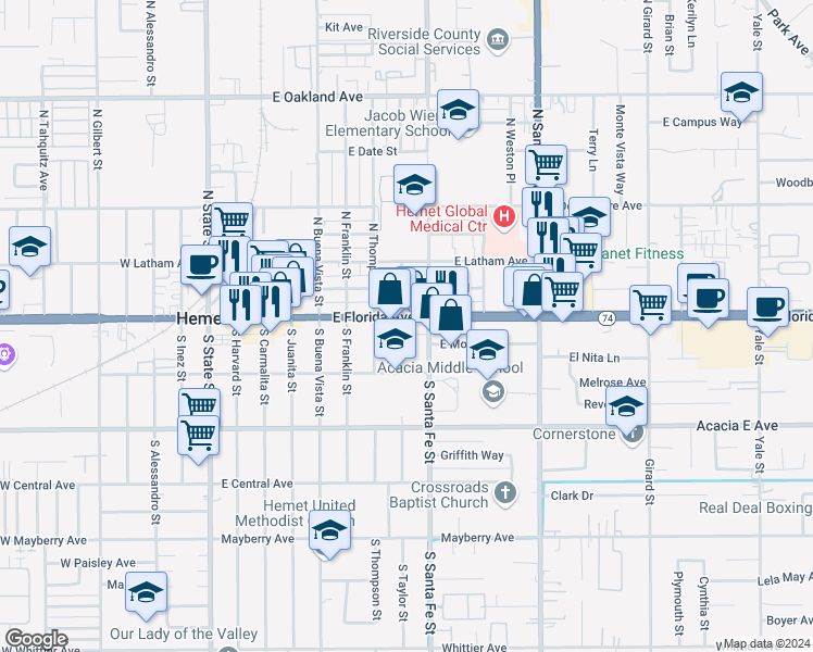 map of restaurants, bars, coffee shops, grocery stores, and more near 115 South Taylor Street in Hemet