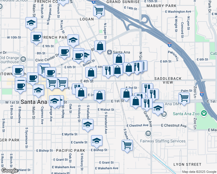 map of restaurants, bars, coffee shops, grocery stores, and more near 1002 East 3rd Street in Santa Ana