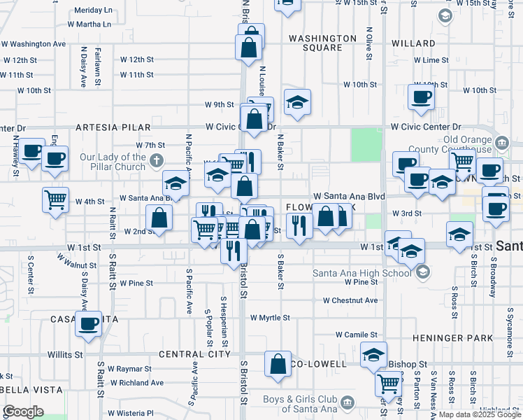 map of restaurants, bars, coffee shops, grocery stores, and more near 1212 West 3rd Street in Santa Ana