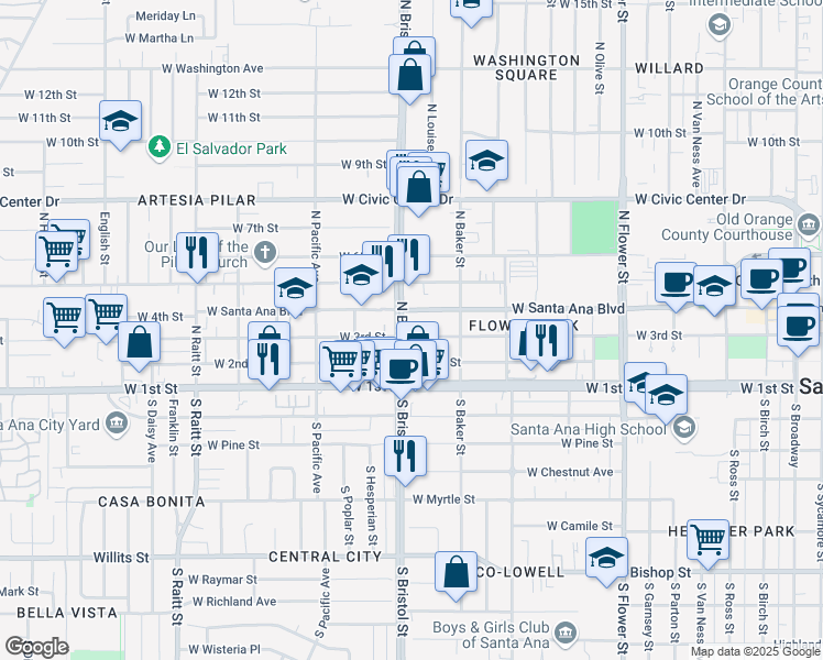 map of restaurants, bars, coffee shops, grocery stores, and more near 1246 West 3rd Street in Santa Ana