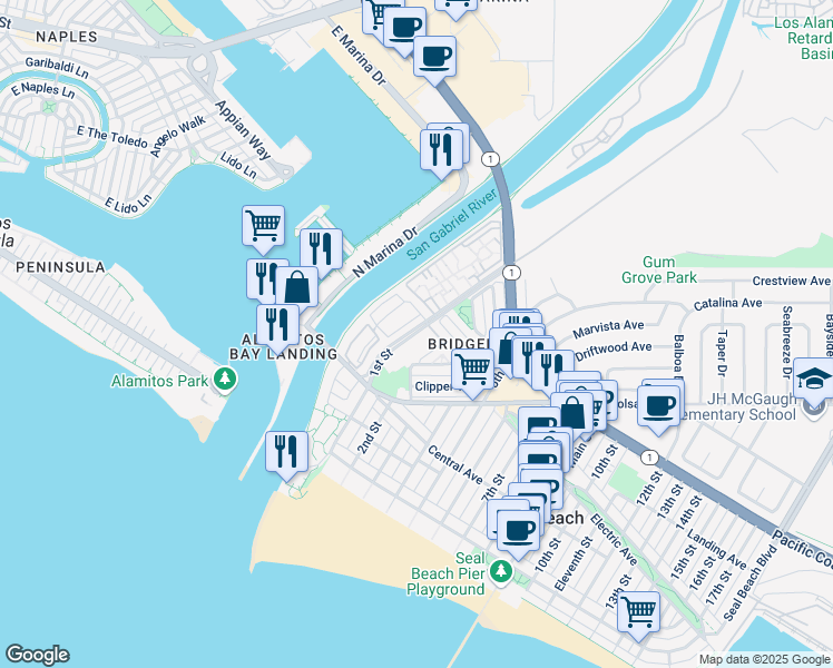 map of restaurants, bars, coffee shops, grocery stores, and more near 12 Cottonwood Lane in Seal Beach