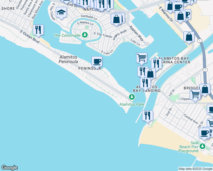 map of restaurants, bars, coffee shops, grocery stores, and more near 26 66th Place in Long Beach