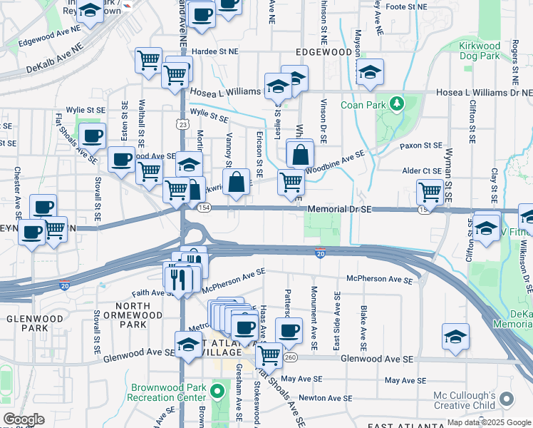 map of restaurants, bars, coffee shops, grocery stores, and more near 1331 Memorial Drive Southeast in Atlanta