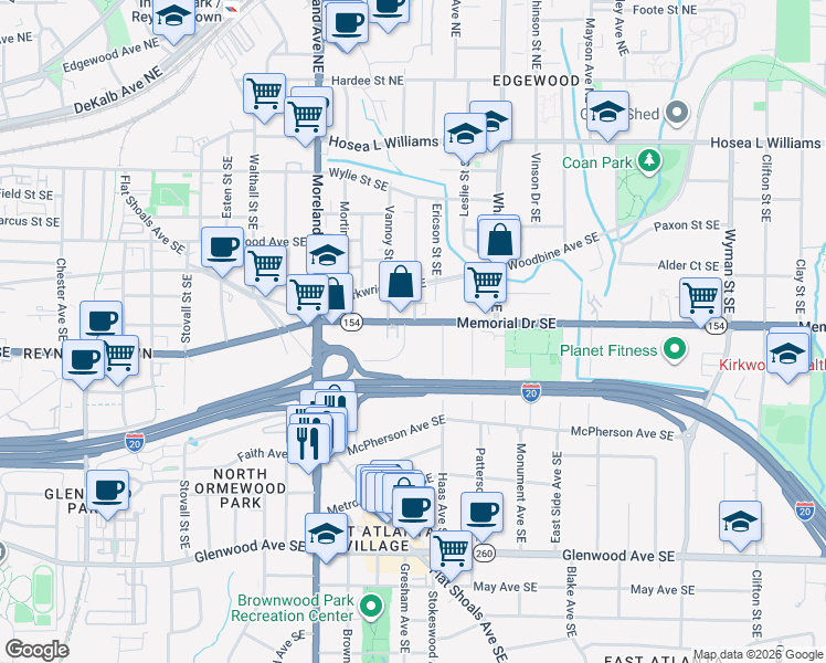 map of restaurants, bars, coffee shops, grocery stores, and more near 1285 Memorial Drive Southeast in Atlanta