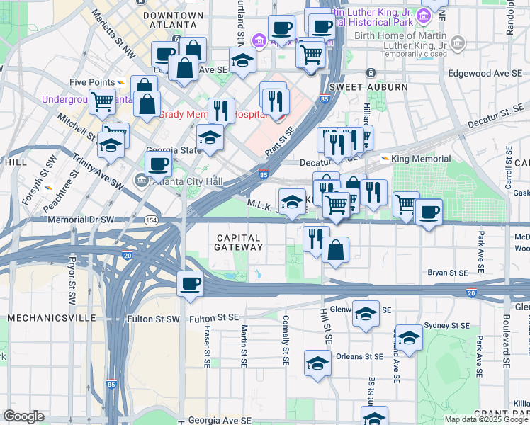 map of restaurants, bars, coffee shops, grocery stores, and more near 175 Memorial Drive Southeast in Atlanta