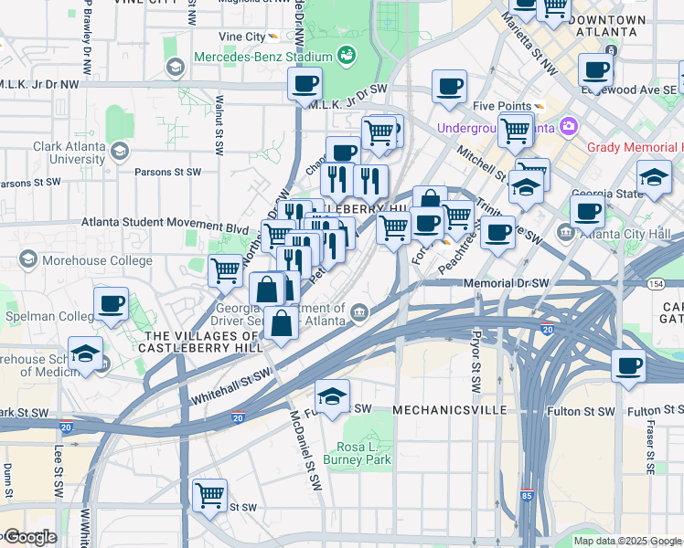 map of restaurants, bars, coffee shops, grocery stores, and more near 250 Castleberry Station Drive Southwest in Atlanta