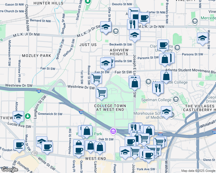 map of restaurants, bars, coffee shops, grocery stores, and more near 1032 Westview Drive Southwest in Atlanta