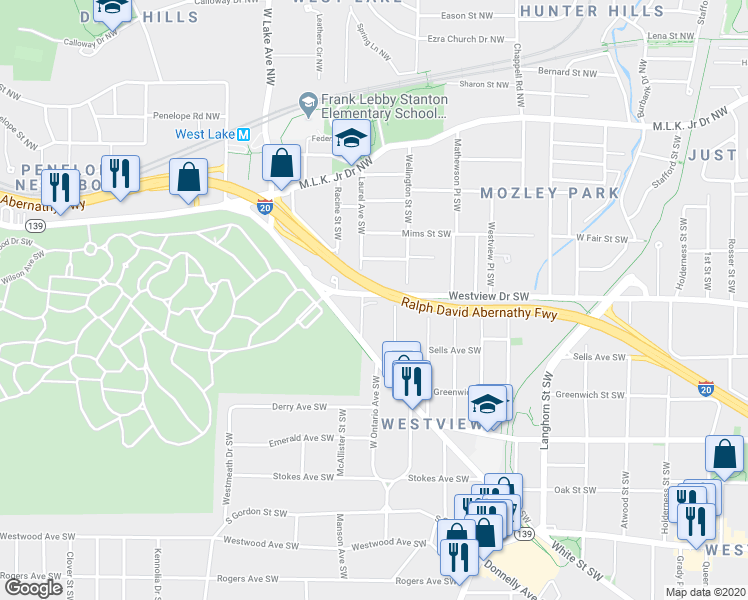 map of restaurants, bars, coffee shops, grocery stores, and more near 1581 Laurel Park Place Southwest in Atlanta