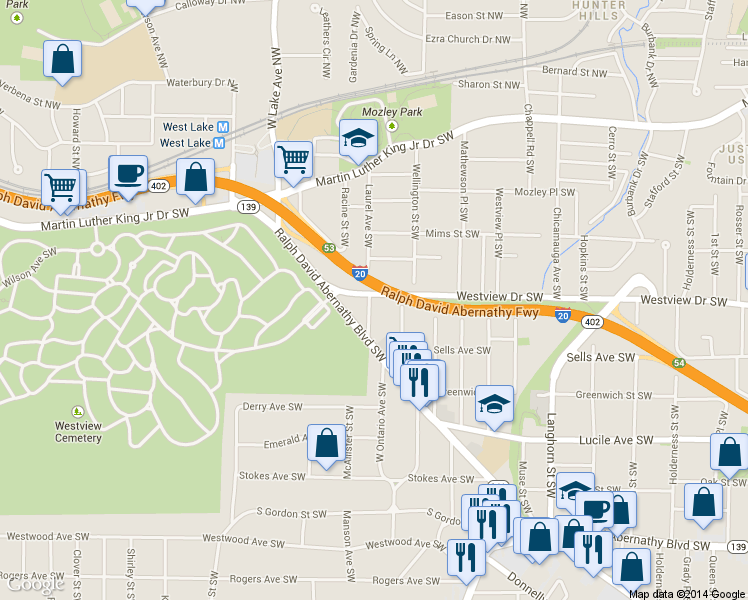 map of restaurants, bars, coffee shops, grocery stores, and more near 1581 Laurel Park Place Southwest in Atlanta
