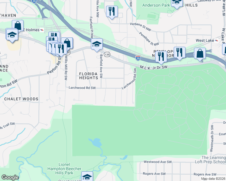 map of restaurants, bars, coffee shops, grocery stores, and more near 320 Camfield Court Southwest in Atlanta